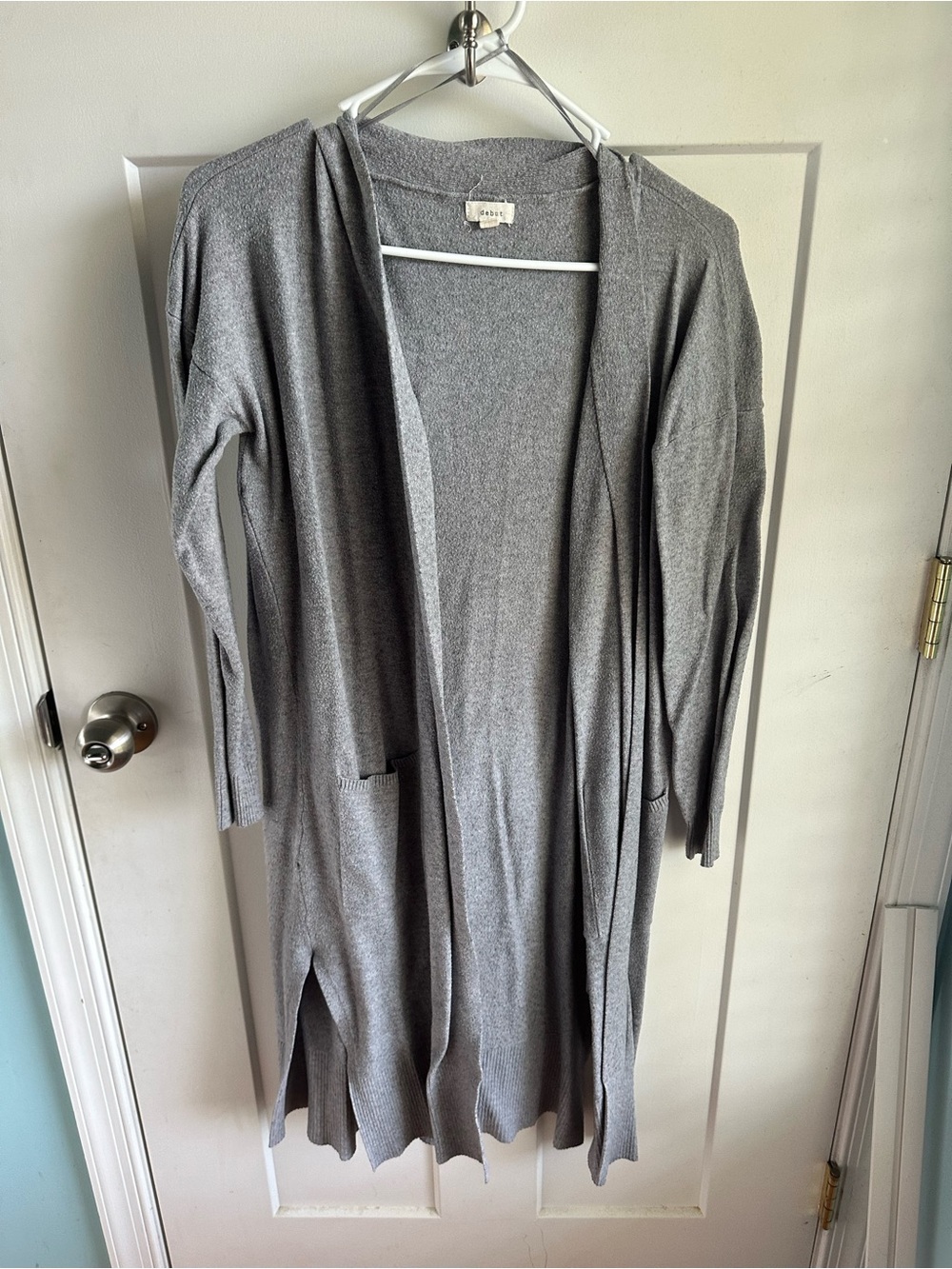 debut Long Open-Front Gray Knit Cardigan